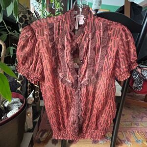 Vintage Ruffled Blouse in Red and Brown by Fire Los Angeles M